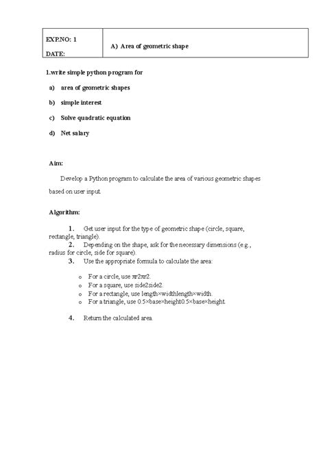 Python Lab(GK) - 1 simple python program for a) area of geometric ...