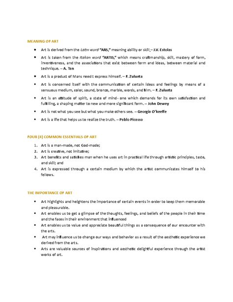 Art Appreciation - Notes - MEANING OF ART Art is derived from the Latin ...