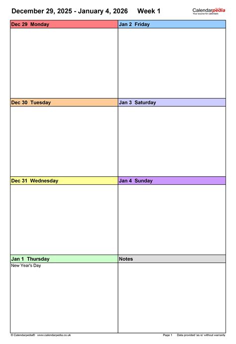 Weekly calendar 2026 (UK) - free Microsoft Excel templates