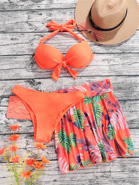 SHEIN Swim Vcay Tropical Print Bikini Set Underwire Halter Push Up Bra ...