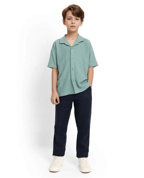 Rare Ones Kids Colen Green Jacquard Half Sleeves Cuban Collar Boxy Fit