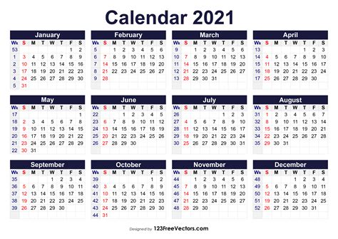 2021 Calendar With Week Number Printable Free - Yearly, monthly ...