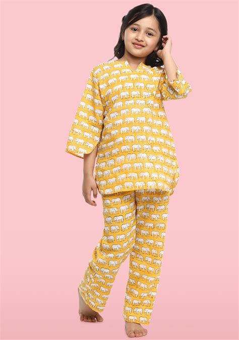 Yellow Ivory Elephant Motif Hand Block Printed Cotton Night Suit For K