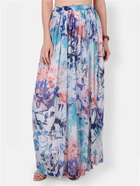 Scorpius Women White & Blue Floral Printed Flared Maxi Skirt – Cation ...