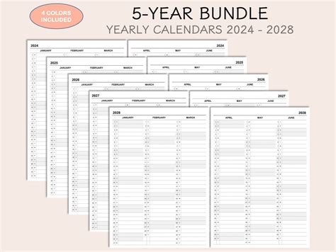 5-year Bundle: Printable Yearly Planner Calendar 2024-2025-2026-2027 ...