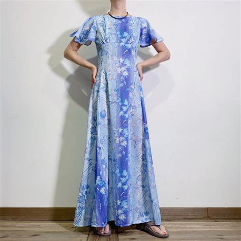 70s sax blue flare sleeves long dress【713】 | LEMON