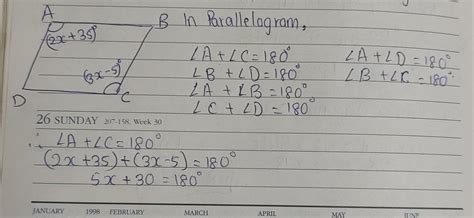 in a parallelogram ABCD, if angle A =(2x+35)degree and angle C = (3x-5 ...