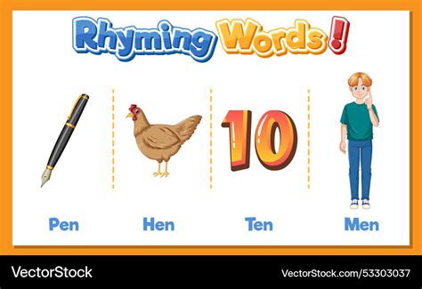 Pen hen ten and men rhyming words Royalty Free Vector Image