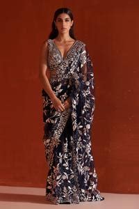 Buy Blue Net Zari, Mirrors, Applique V-neck Leather Work Saree And ...