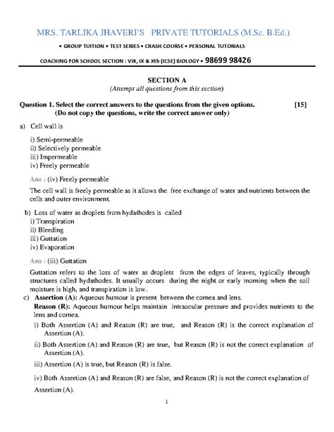 NSM School - Biology Prelim I - Answer Key for ICSE IX & X - Studocu