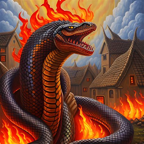 a giant god killing, fire breathing, demonic, Snake Attacking a village ...