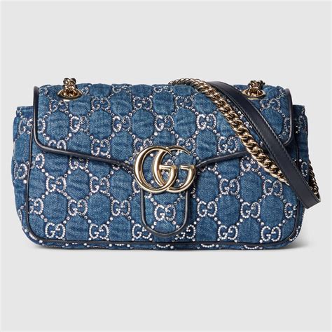 GG Marmont shoulder bag with crystals in blue GG denim | GUCCI® US