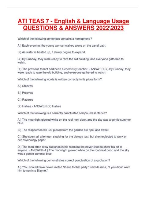 ATI TEAS 7 - English & Language Usage QUESTIONS & ANSWERS - ATI TEAS 7 ...