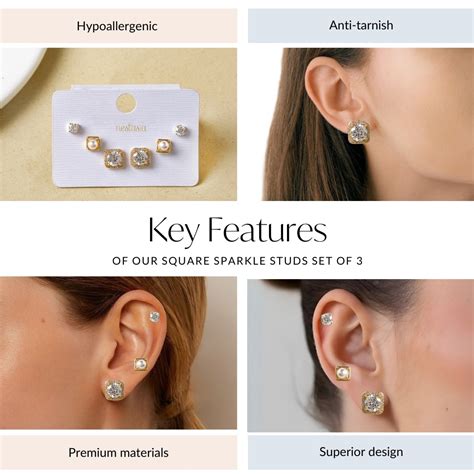 Jewellery Online - Premium Square Sparkle Studs Set Of 3 | Nestasia