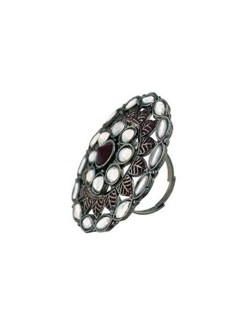 Buy I Jewels Maroon Rhodium Plated Oxidised Kundan Ring Online
