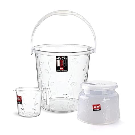 Cello Petal Bathroom Accessory Combo Set of 3, Transparent (20L Bucket ...