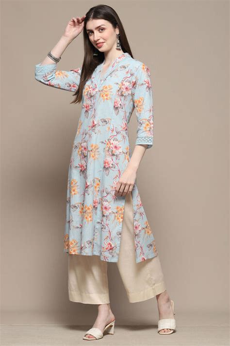 Turquoise Blue Floral Printed Straight Kurta at Biba India
