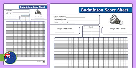 Badminton Scoresheet Template | Printable Download Resource