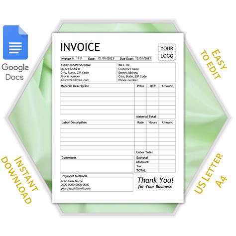 Invoice Template Google Docs With Separate Description Material & Labor ...