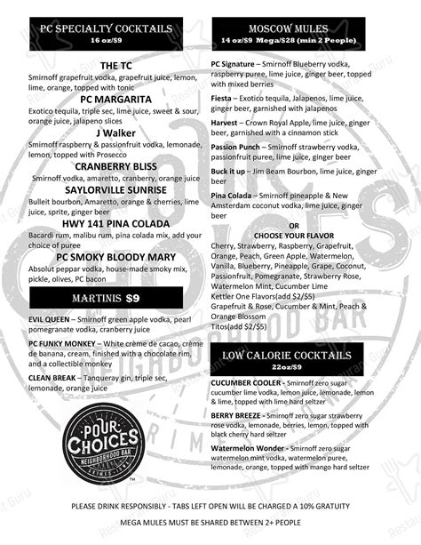 Menu at Pour Choices Neighborhood Bar, Grimes