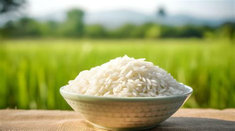 Asian white rice or uncooked white rice with the rice field back ai ...