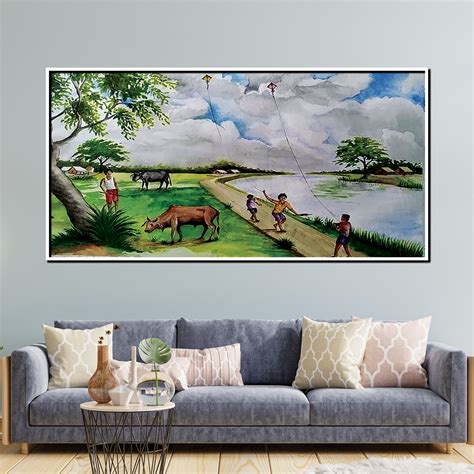 Traditional Indian Village Life Wall Art – Kids Flying Kites by the Ri ...