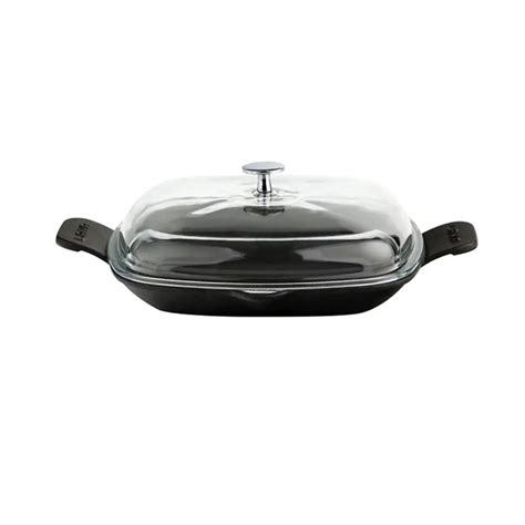 Lava Cast Iron Square Frying Pan. Glass Lid, Dual Handle, 26X26cm.