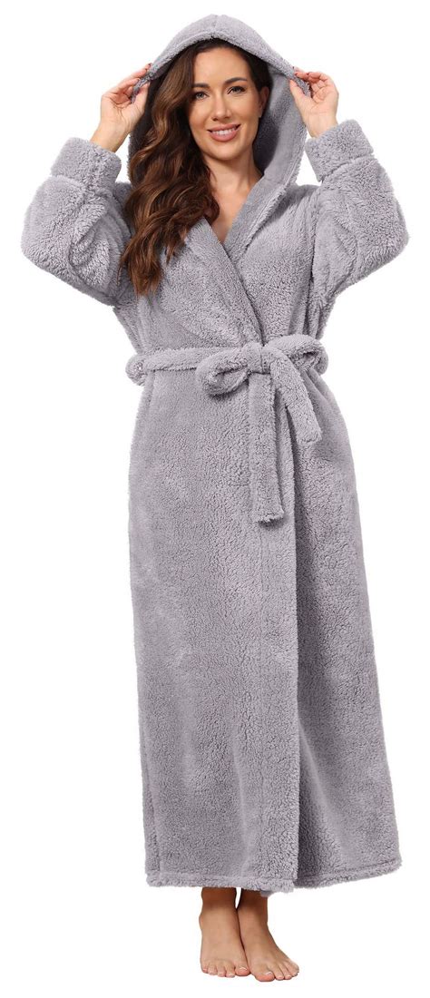 LOFIR Women's Full-Length Soft Fleece Robes, Hooded Plush Bathrobe with ...