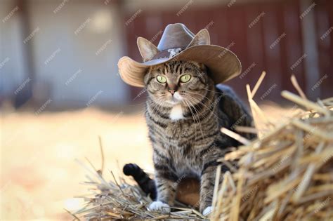 Premium Photo | Cat in a cowboy hat perched on a haystack