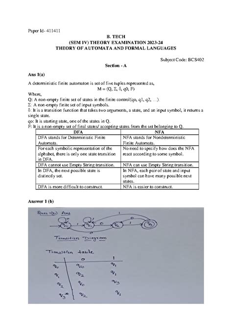 BTECH SEM IV - TAFL 2023-24 Exam Paper Solutions & Analysis - Studocu