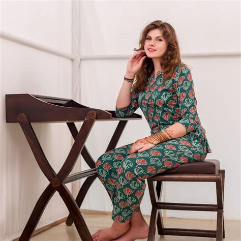 Green and Red Block Printed Cotton Night Suit – MISSPRINT