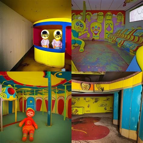 Inside a 1970s play place, creepy slides, bright colors, mellow yellow ...