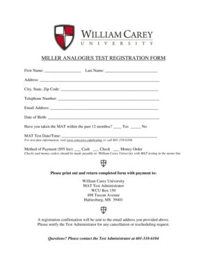 Fillable Online wmcarey MILLER ANALOGIES TEST REGISTRATION FORM ...