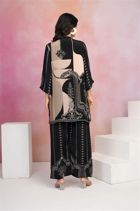 Black & Peach Placement Printed Crepe Co-ord Set with Sequin Detailing ...