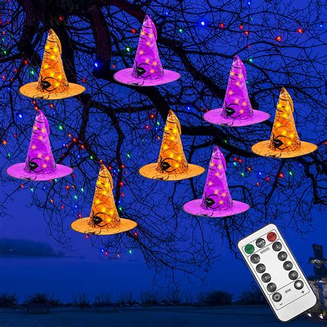 Brwoynn Halloween Decorations Witch Hat, 8 Pcs Hanging Lighted Glowing ...