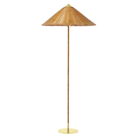 Paavo Tynell Model 9602 Brass and Rattan Floor Lamp with Canvas Shade ...