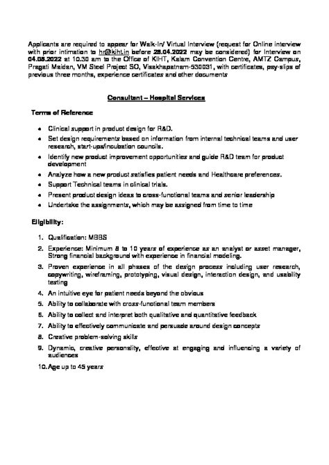 Consultant - Hospital Services - KALAM INSTITUTE OF HEALTH TECHNOLOGY