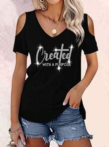 EMERY ROSE Women Casual Rhinestone Embellished Off Shoulder Short ...