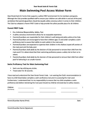 Fillable Online Main Swimming Pool Access Waiver Form - Deerbrook Swim ...