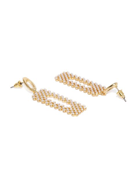 Gold-Toned & White Geometric Drop Earrings