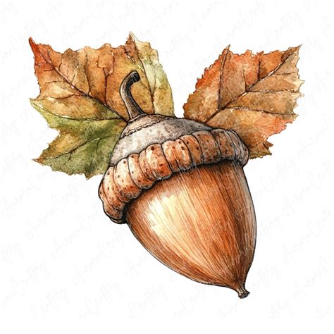 6 Watercolor Acorn Clipart Rustic Autumn Leaves and Acorns for Fall ...