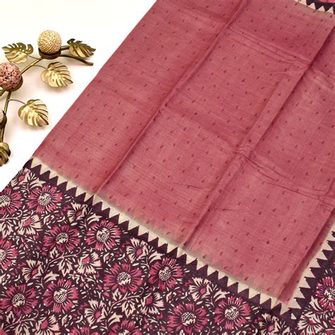 Onion Pink Tussar Silk Saree with Kantha Work V Pakku Pallu
