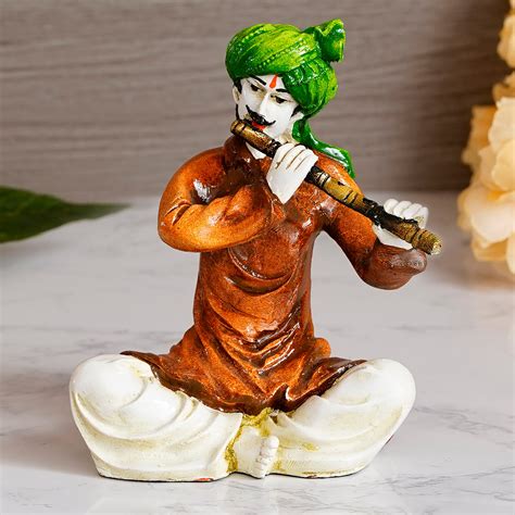 Colorful Rajasthani Man Playing Flute Handcrafted Decorative Polyresin ...