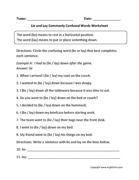 Commonly Confused Words Worksheets | Lie and Lay Commonly Confused ...