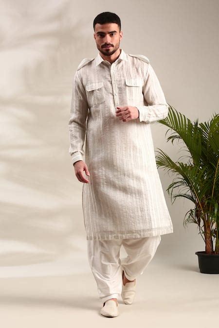 Buy Ivory Chanderi Sequins Embellished Pathani Set For Men by Mayank ...