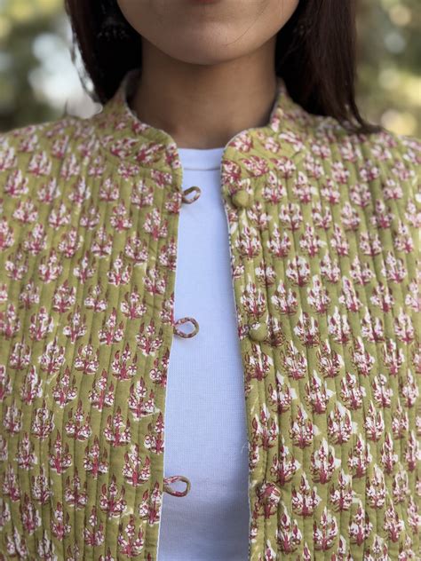 Cotton Sleeveless Block Printed Quilted Jacket Green - Goodhand