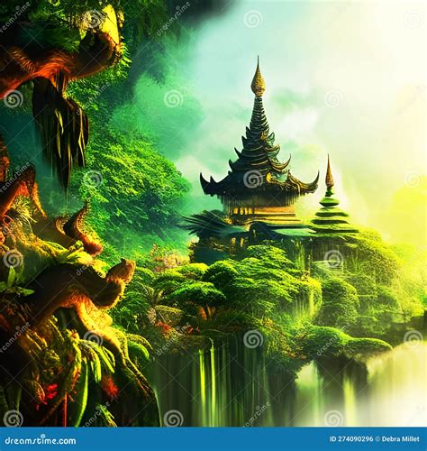 Pagodas Hidden in a Beautiful Rainforest Paradise Stock Illustration ...