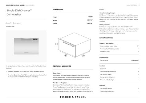 Quick Reference Guide for Fisher & Paykel Single DishDrawer™ Dishwasher ...