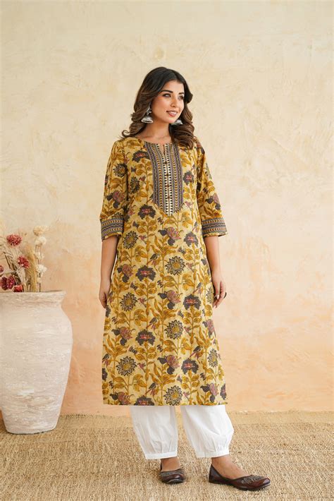 Mustard Floral Printed Cotton Kurta – Inhabit Store