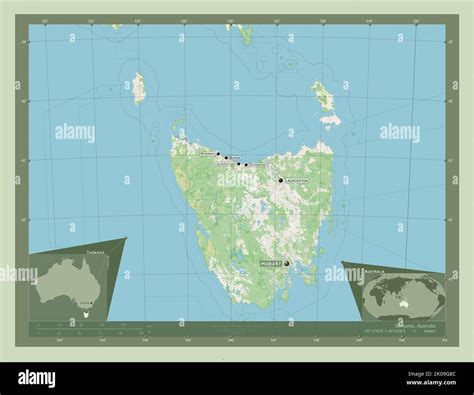 Tasmania, state of Australia. Open Street Map. Locations and names of ...